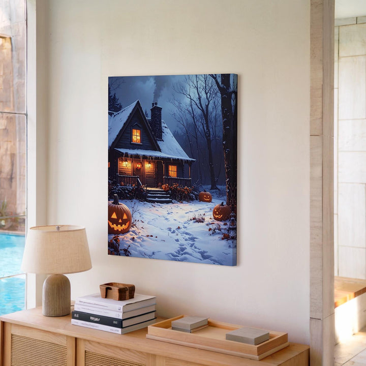 Snowy Halloween Cottage Canvas – Glowing Pumpkins in Winter Forest Scene - Gifitto