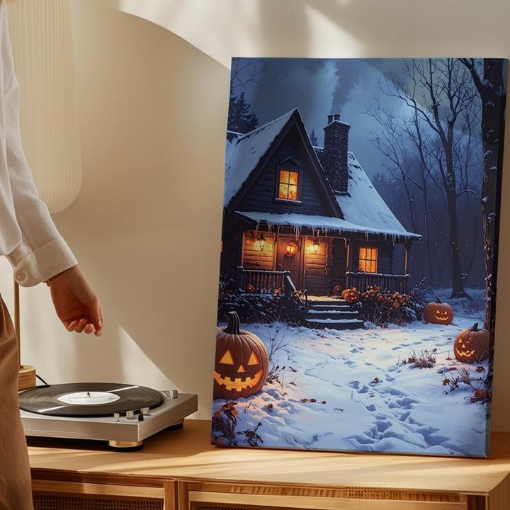 Snowy Halloween Cottage Canvas – Glowing Pumpkins in Winter Forest Scene - Gifitto