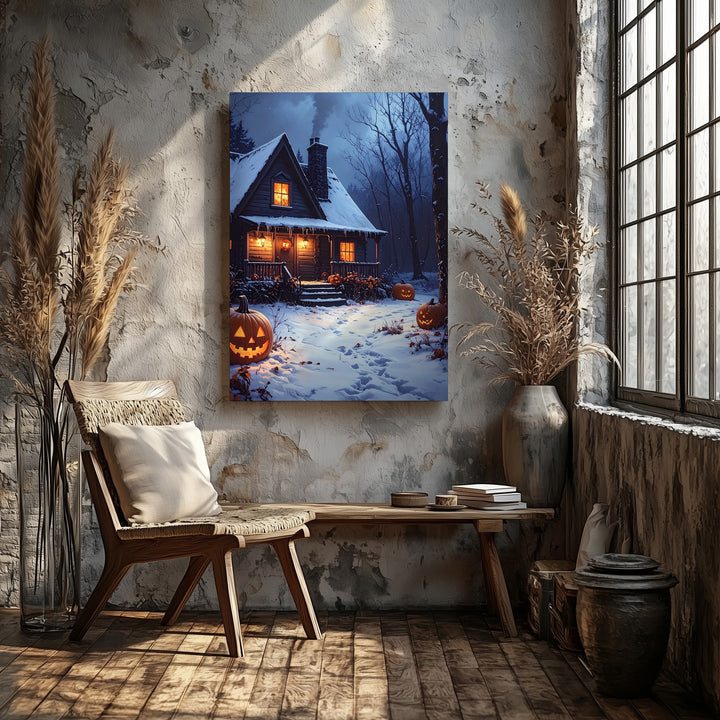 Snowy Halloween Cottage Canvas – Glowing Pumpkins in Winter Forest Scene - Gifitto