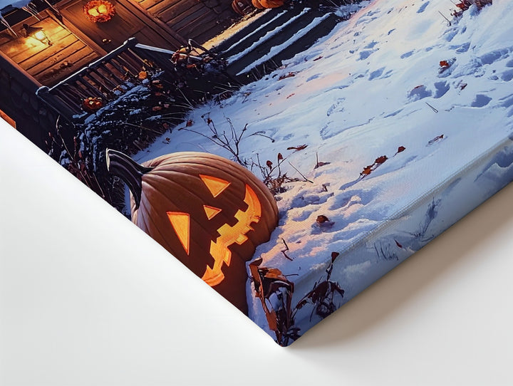 Snowy Halloween Cottage Canvas – Glowing Pumpkins in Winter Forest Scene - Gifitto