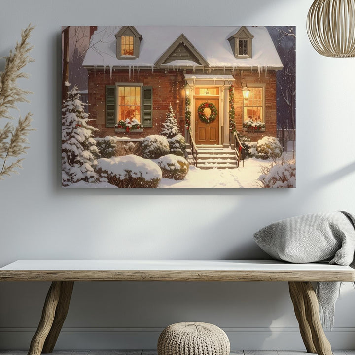 Cozy Winter Cottage Canvas – Snowy Night with Warm Glowing Windows - Gifitto