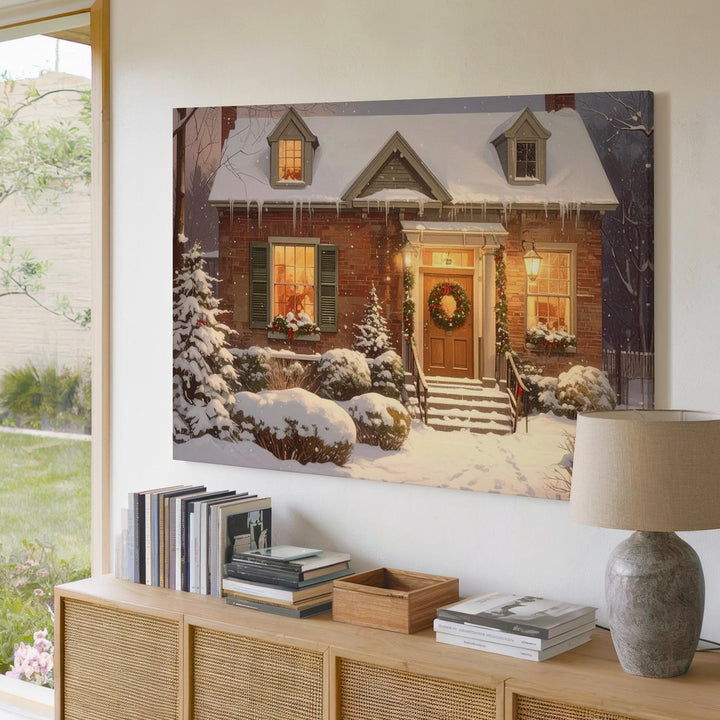 Cozy Winter Cottage Canvas – Snowy Night with Warm Glowing Windows - Gifitto
