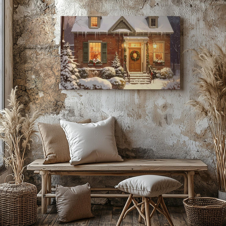 Cozy Winter Cottage Canvas – Snowy Night with Warm Glowing Windows - Gifitto