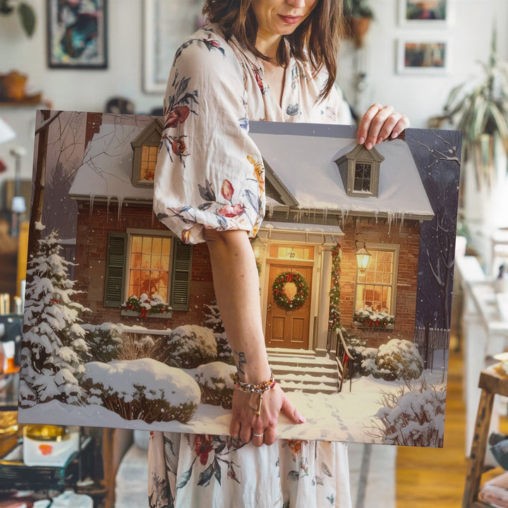 Cozy Winter Cottage Canvas – Snowy Night with Warm Glowing Windows - Gifitto