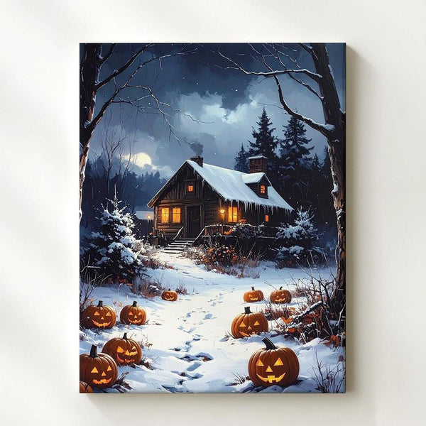 Snowy Cabin & Jack-o’-Lantern Path Canvas – Winter Halloween Nostalgia Art - Gifitto