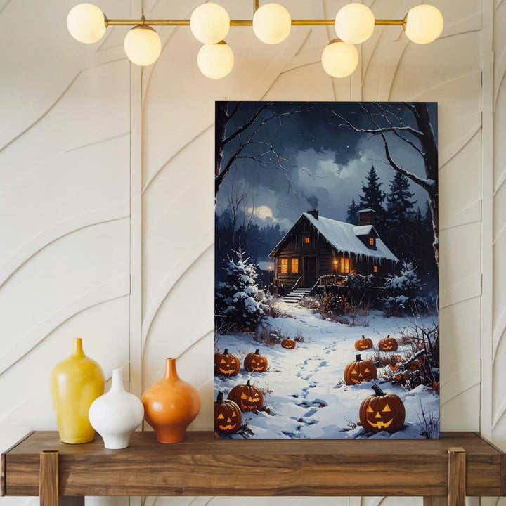 Snowy Cabin & Jack-o’-Lantern Path Canvas – Winter Halloween Nostalgia Art - Gifitto