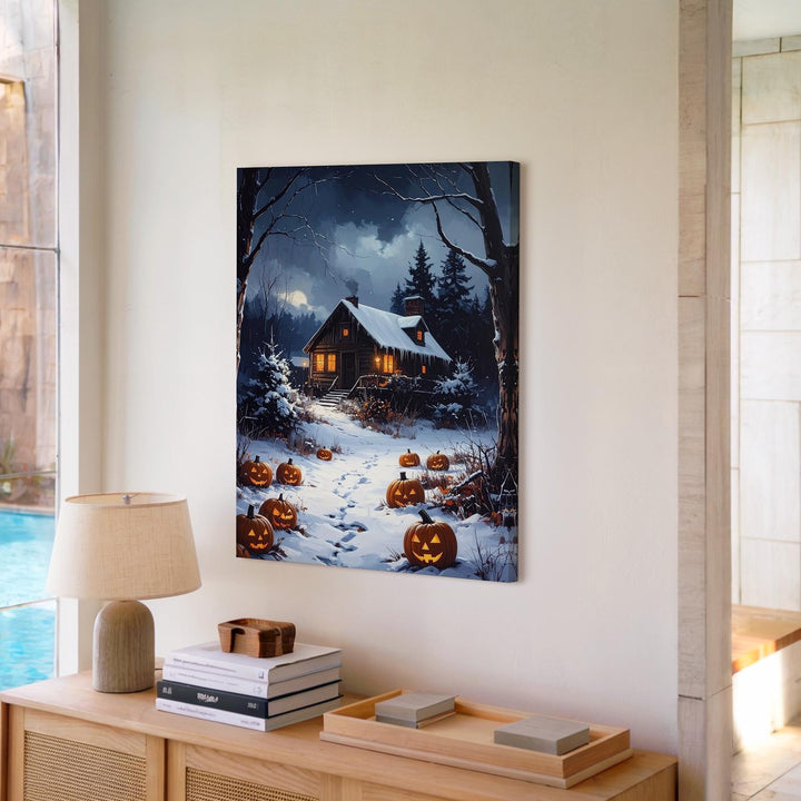 Snowy Cabin & Jack-o’-Lantern Path Canvas – Winter Halloween Nostalgia Art - Gifitto