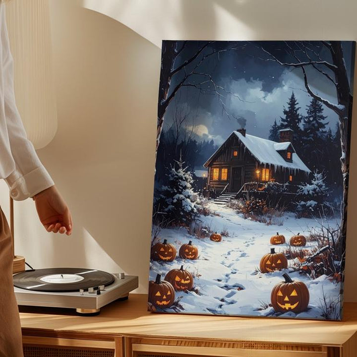 Snowy Cabin & Jack-o’-Lantern Path Canvas – Winter Halloween Nostalgia Art - Gifitto