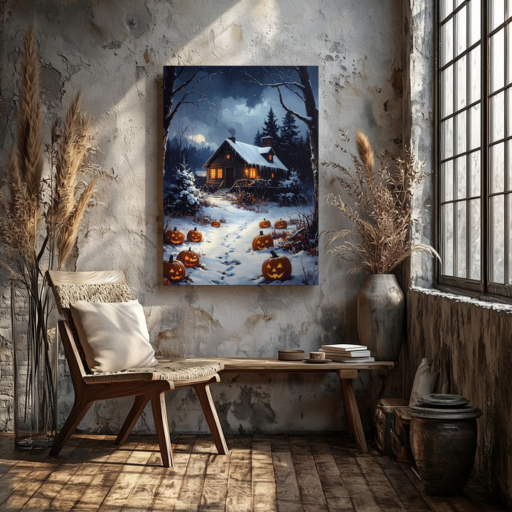 Snowy Cabin & Jack-o’-Lantern Path Canvas – Winter Halloween Nostalgia Art - Gifitto