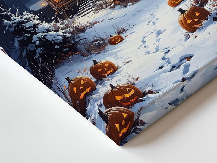 Snowy Cabin & Jack-o’-Lantern Path Canvas – Winter Halloween Nostalgia Art - Gifitto