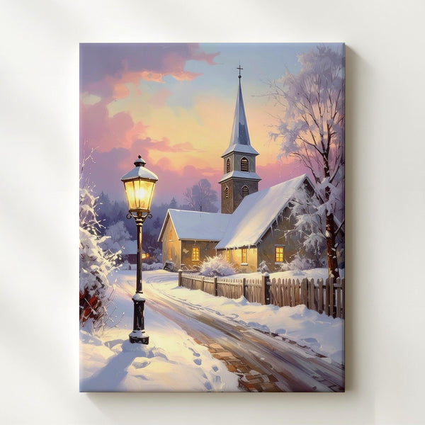 Winter Church Scene Canvas – Snowy Village Chapel with Warm Lights - Gifitto