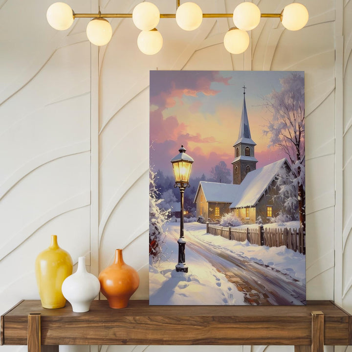 Winter Church Scene Canvas – Snowy Village Chapel with Warm Lights - Gifitto