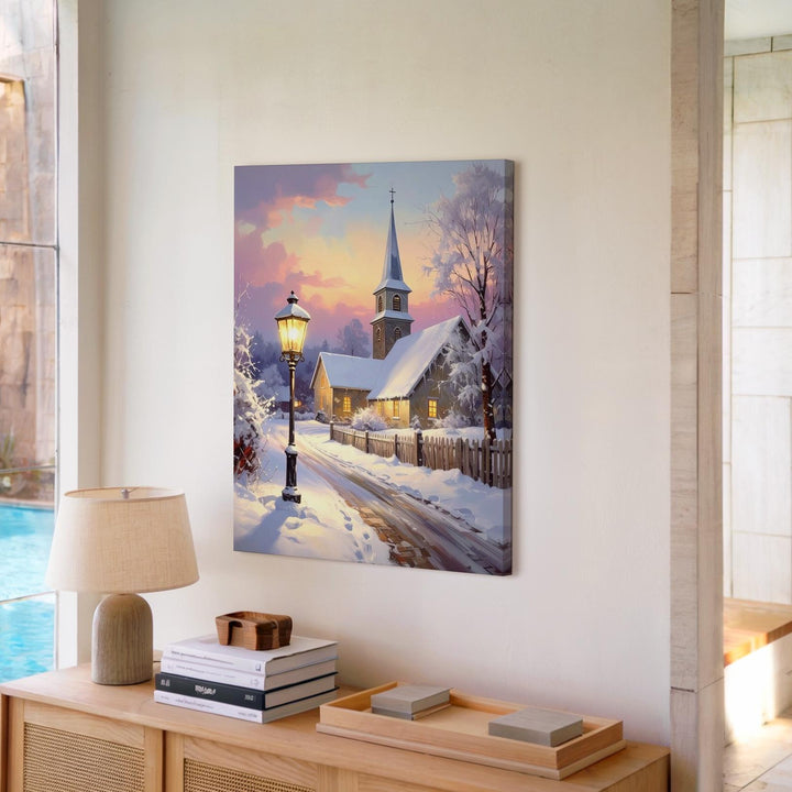 Winter Church Scene Canvas – Snowy Village Chapel with Warm Lights - Gifitto