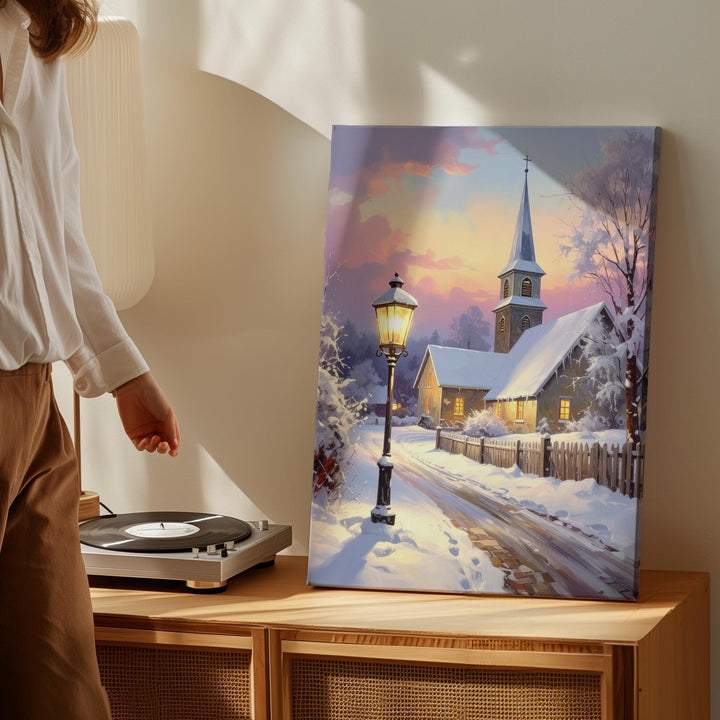 Winter Church Scene Canvas – Snowy Village Chapel with Warm Lights - Gifitto