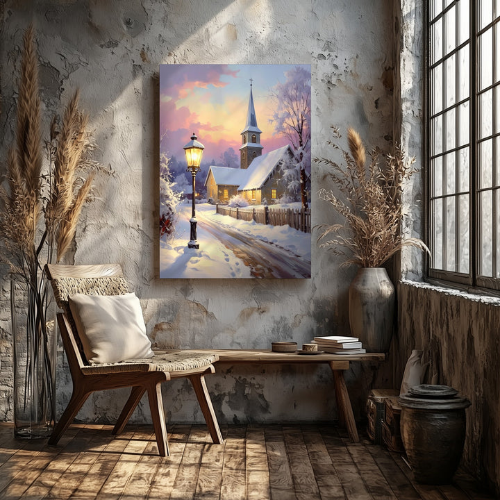 Winter Church Scene Canvas – Snowy Village Chapel with Warm Lights - Gifitto