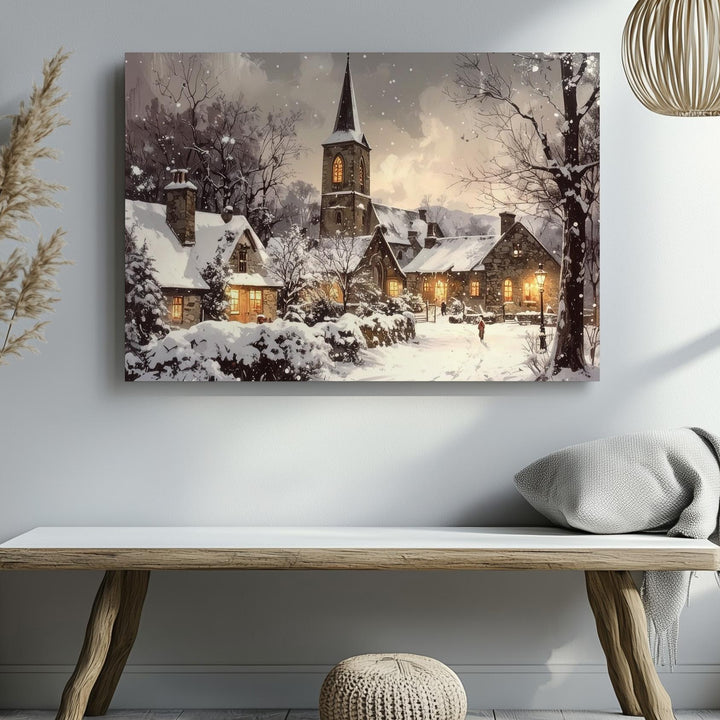 Snowy Churchyard Christmas Canvas – Sacred Winter Night Scene - Gifitto