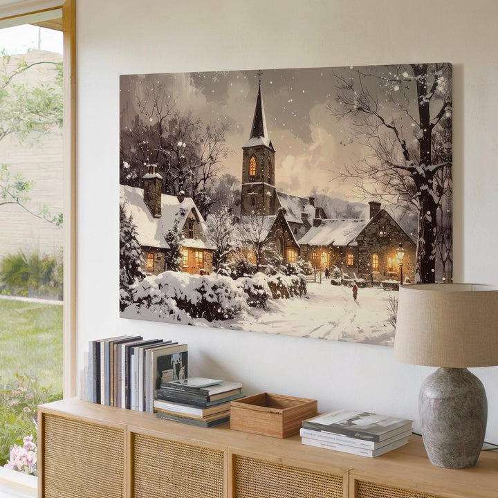 Snowy Churchyard Christmas Canvas – Sacred Winter Night Scene - Gifitto