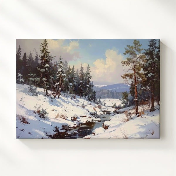 Winter Forest Stream Canvas – Serene Snowy Clearing with Pines - Gifitto
