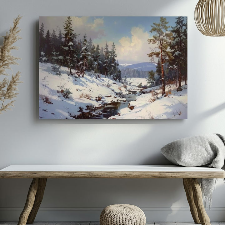 Winter Forest Stream Canvas – Serene Snowy Clearing with Pines - Gifitto