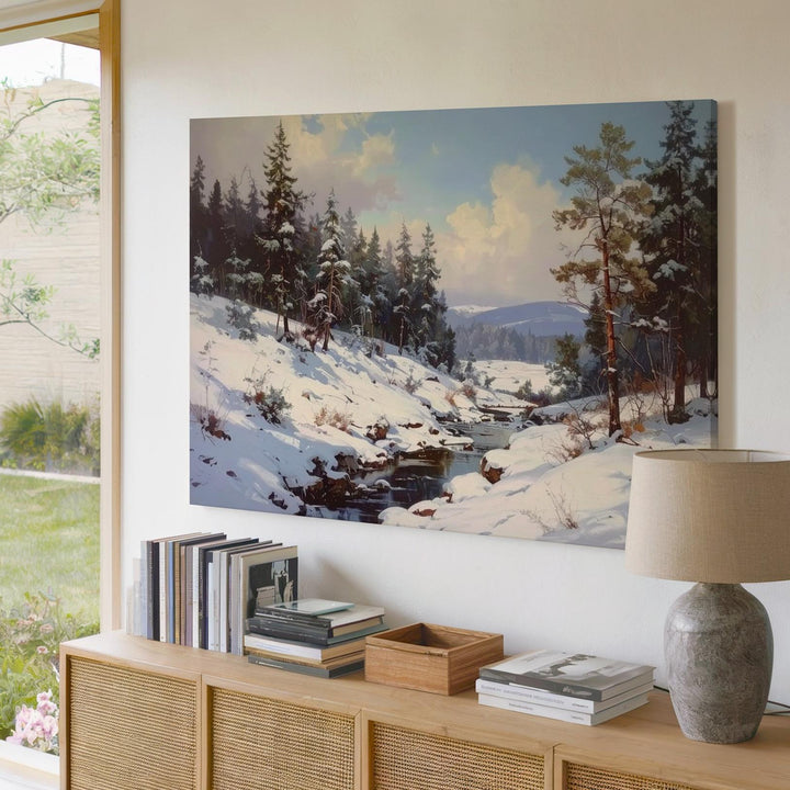 Winter Forest Stream Canvas – Serene Snowy Clearing with Pines - Gifitto