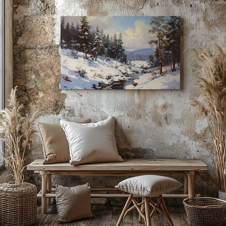 Winter Forest Stream Canvas – Serene Snowy Clearing with Pines - Gifitto