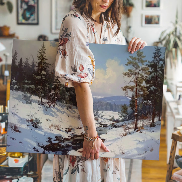 Winter Forest Stream Canvas – Serene Snowy Clearing with Pines - Gifitto