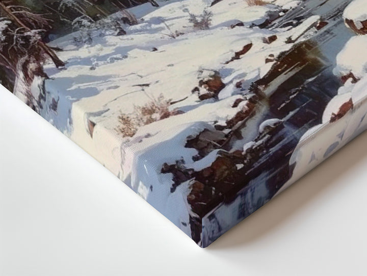 Winter Forest Stream Canvas – Serene Snowy Clearing with Pines - Gifitto