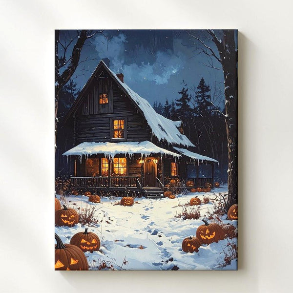 Snowy Halloween Cabin Canvas – Glowing Pumpkins & Cozy Haunted Night Scene - Gifitto