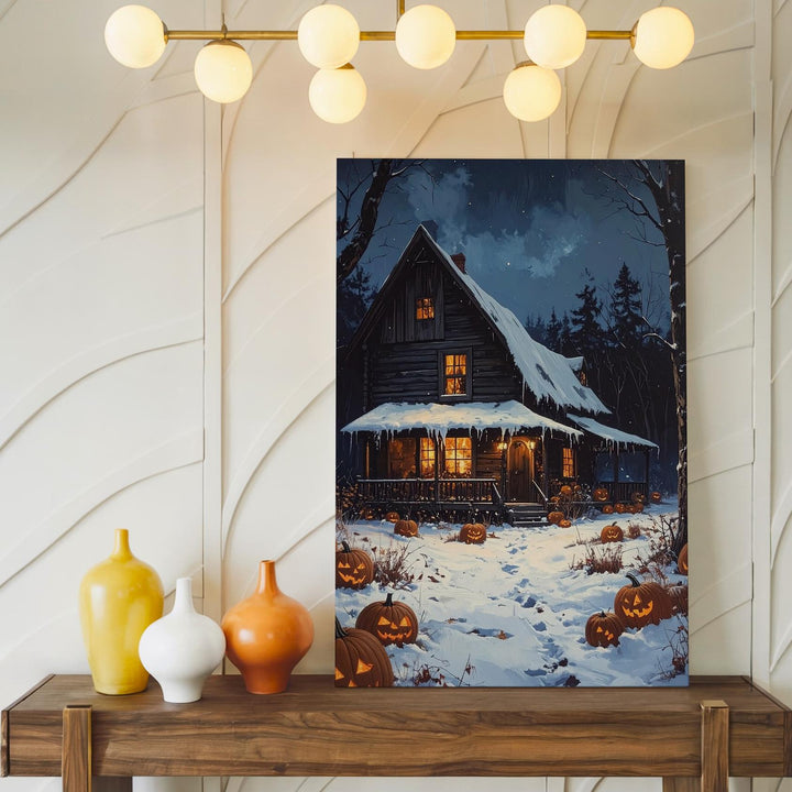 Snowy Halloween Cabin Canvas – Glowing Pumpkins & Cozy Haunted Night Scene - Gifitto