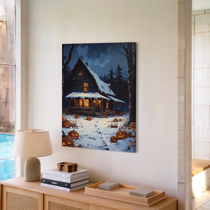 Snowy Halloween Cabin Canvas – Glowing Pumpkins & Cozy Haunted Night Scene - Gifitto