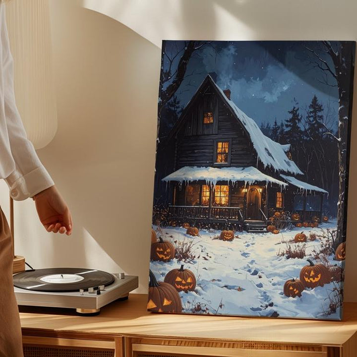 Snowy Halloween Cabin Canvas – Glowing Pumpkins & Cozy Haunted Night Scene - Gifitto