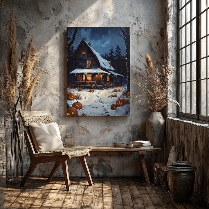 Snowy Halloween Cabin Canvas – Glowing Pumpkins & Cozy Haunted Night Scene - Gifitto