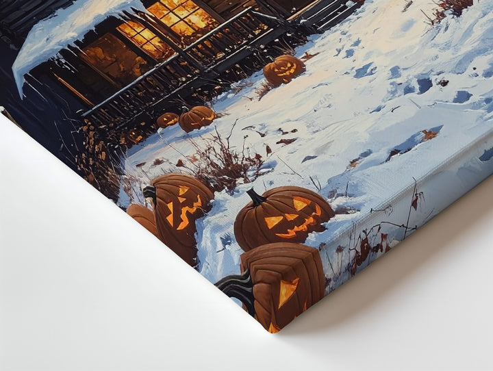 Snowy Halloween Cabin Canvas – Glowing Pumpkins & Cozy Haunted Night Scene - Gifitto