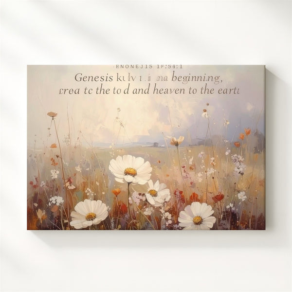 Genesis 1:1 Floral Scripture Canvas – Blush & Beige Bible Verse Wall Art - Gifitto