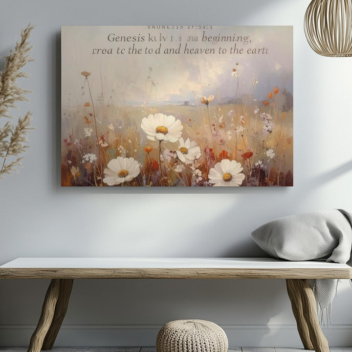 Genesis 1:1 Floral Scripture Canvas – Blush & Beige Bible Verse Wall Art - Gifitto