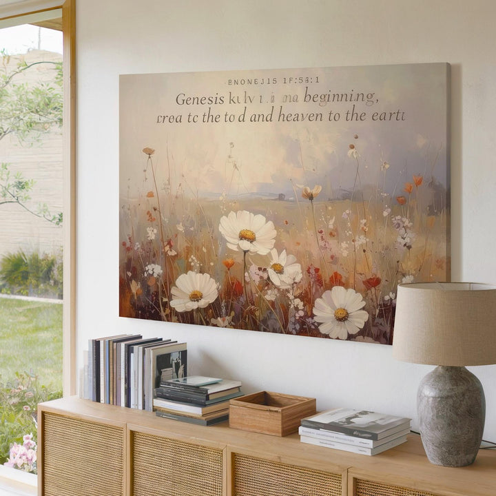Genesis 1:1 Floral Scripture Canvas – Blush & Beige Bible Verse Wall Art - Gifitto