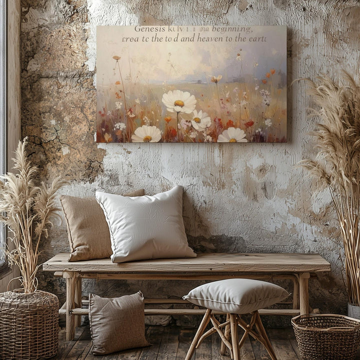 Genesis 1:1 Floral Scripture Canvas – Blush & Beige Bible Verse Wall Art - Gifitto