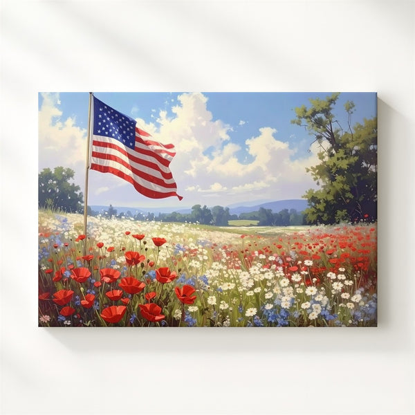 Pastel Wildflower Field & Flag Canvas – Romantic Americana Dreamscape Wall Art - Gifitto