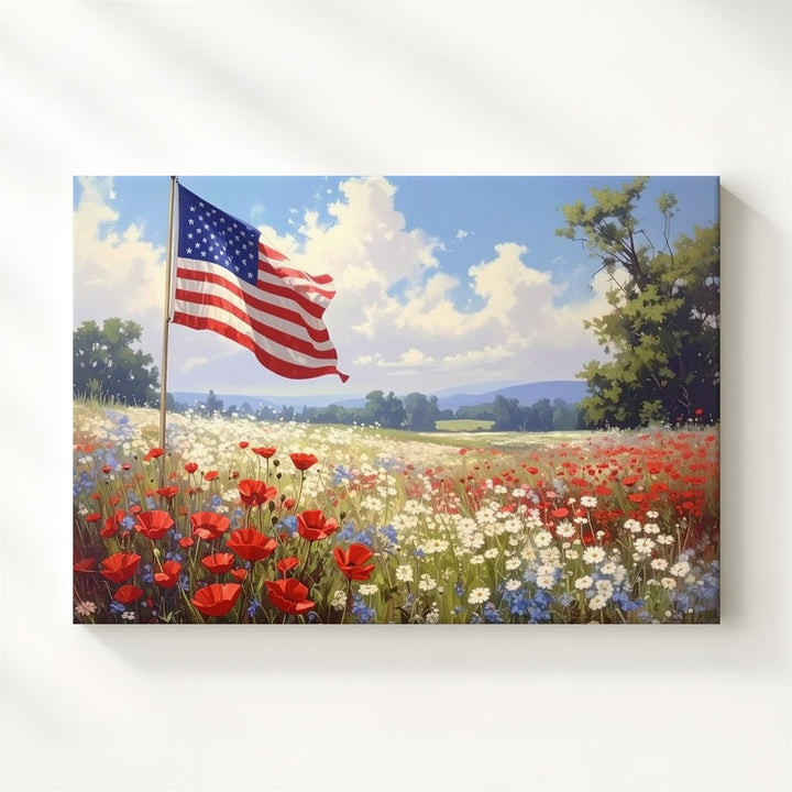 Pastel Wildflower Field & Flag Canvas – Romantic Americana Dreamscape Wall Art - Gifitto
