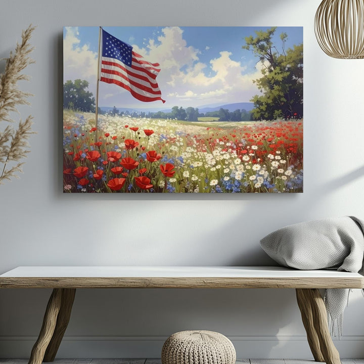 Pastel Wildflower Field & Flag Canvas – Romantic Americana Dreamscape Wall Art - Gifitto