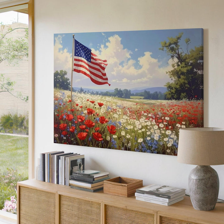 Pastel Wildflower Field & Flag Canvas – Romantic Americana Dreamscape Wall Art - Gifitto