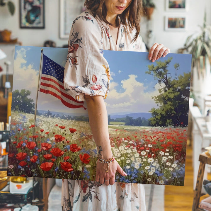 Pastel Wildflower Field & Flag Canvas – Romantic Americana Dreamscape Wall Art - Gifitto