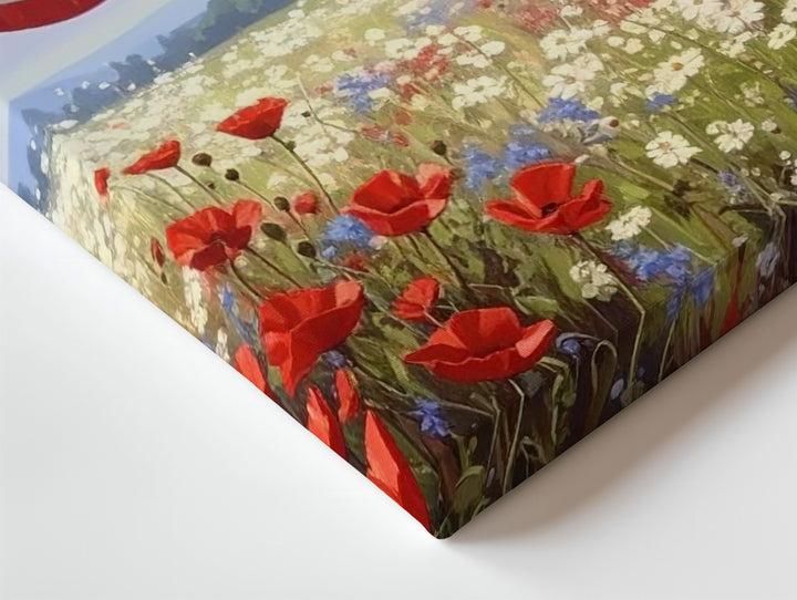 Pastel Wildflower Field & Flag Canvas – Romantic Americana Dreamscape Wall Art - Gifitto