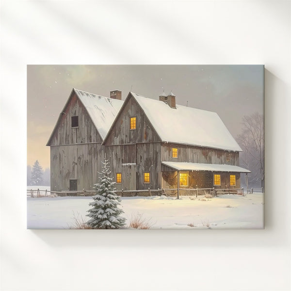 Cozy Snowy Barn Canvas – Rustic Holiday Retreat Wall Art - Gifitto