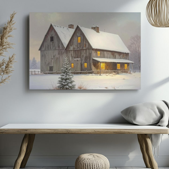 Cozy Snowy Barn Canvas – Rustic Holiday Retreat Wall Art - Gifitto