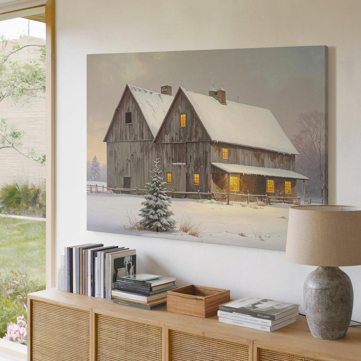 Cozy Snowy Barn Canvas – Rustic Holiday Retreat Wall Art - Gifitto