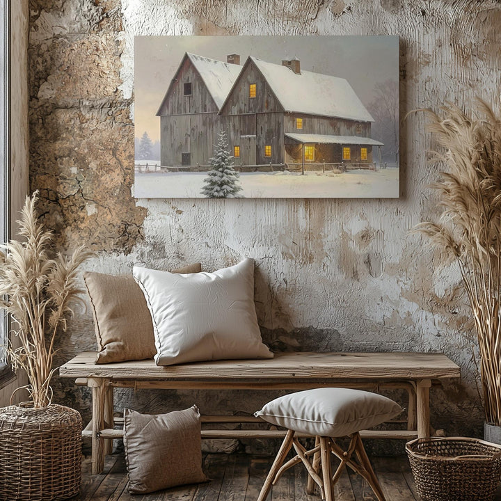 Cozy Snowy Barn Canvas – Rustic Holiday Retreat Wall Art - Gifitto