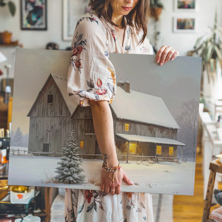 Cozy Snowy Barn Canvas – Rustic Holiday Retreat Wall Art - Gifitto