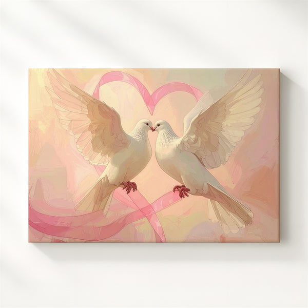 Doves & Heart Ribbon Canvas – Pastel Symbol of Love, Peace & Unity - Gifitto