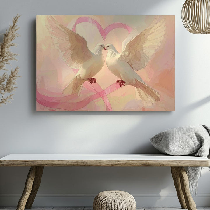 Doves & Heart Ribbon Canvas – Pastel Symbol of Love, Peace & Unity - Gifitto